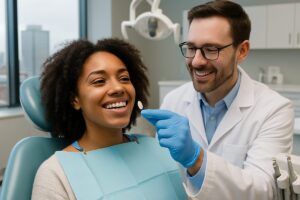 Image of a person in a dentist chair smiling, with the dentist holding a porcelain veneer up to their tooth. The background is a modern dental office in Boston, MA. No text.