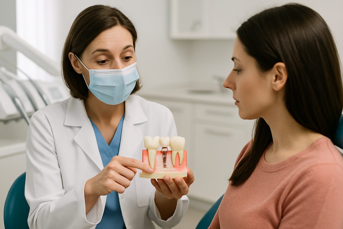 Image of a dentist explaining to a patient using a model of a jaw with an implant, showing where a bone graft would be placed. No text on the image.