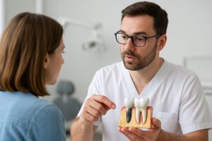 Image of a dentist explaining the tooth implant process to a patient, using a model of a jaw with an implant in place. The dentist is pointing to the implant to show how it integrates with the bone. No text on the image.