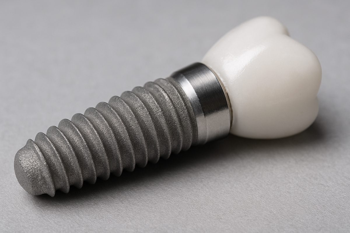 Close up image of a dental implant, showing the surface texture and material composition. No text on image.