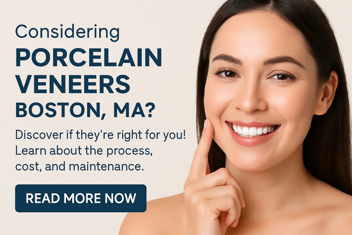 Smiling woman in a dental chair getting her teeth checked by a dentist. The text on the image says "Porcelain Veneers: Are They Right For You?"
