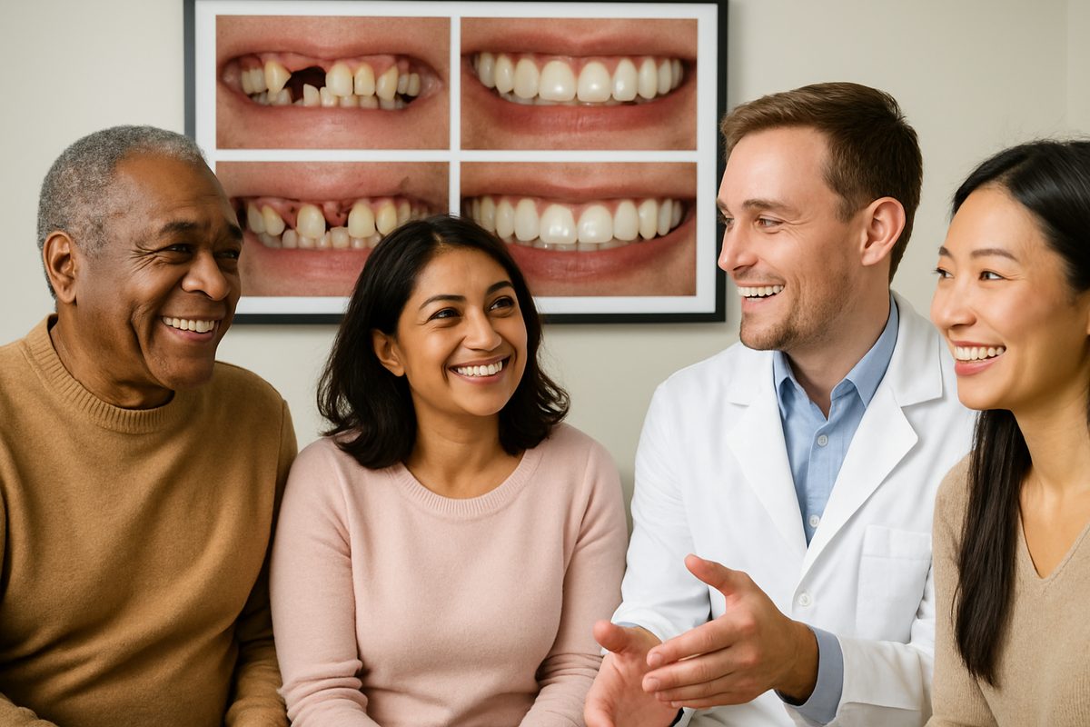A diverse group of patients happily talking with a dentist about "dental implants near me" with before and after photos of successful implant cases displayed in the background. No text on the image.