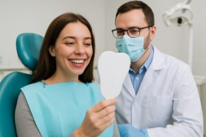 Image of a smiling woman in a dental chair, admiring her new teeth dental implants in a mirror, with a dentist standing beside her. No text on the image.