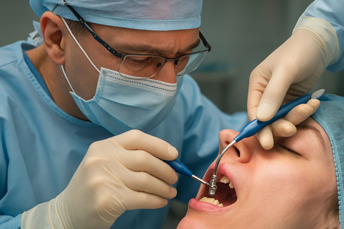 A dentist is carefully placing a dental implant into a patient's jaw, using advanced surgical techniques. No text on the image.