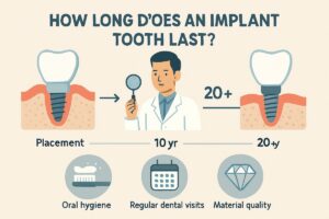 An infographic showing a timeline of a dental implant, starting with placement, continuing through a decade of regular checkups and maintenance, and projecting 20+ years of potential lifespan. The graphic visually represents the question, "How long does an implant tooth last?" with key factors like oral hygiene, regular dental visits, and material quality highlighted. No text on image.