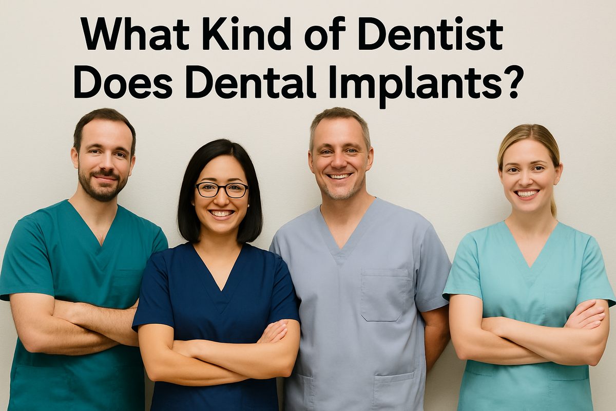 Photo of four dentists, each wearing different color scrubs, with each dentist representing a dental specialty. The image will contain the text "What Kind of Dentist Does Dental Implants?"
