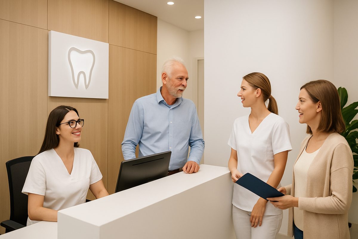 A modern and clean dental implant center reception area with friendly staff assisting patients, showcasing a welcoming atmosphere. No text on the image.