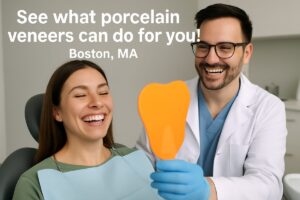 A woman is smiling, showing off her new porcelain veneers in Boston, MA. The dentist is holding a mirror to show the patient, and both are very happy. The text on the image says "See what porcelain veneers can do for you!"