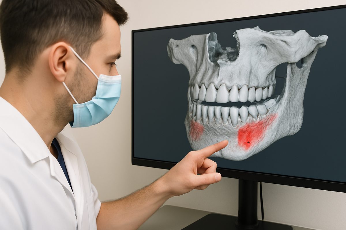 A dentist is pointing to a 3D scan of a patient's jawbone, indicating areas where bone grafting is needed before dental implant placement. No text on the image.