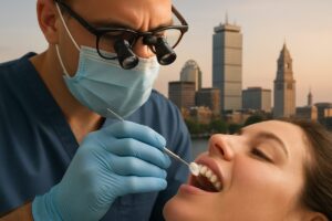Aesthetic close-up of a dentist in Boston, MA placing a porcelain veneer on a patient's tooth, highlighting the precision and artistry involved. The background subtly features the Boston skyline. No text on image.
