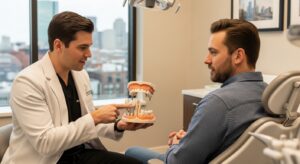 Patient consultation in a Boston dental office about implant treatment
