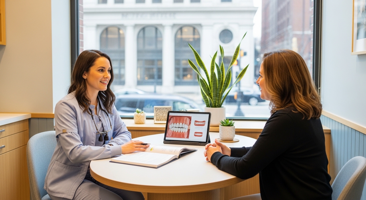 Dentist consulting with a patient in a professional setting on Boylston Street, Boston