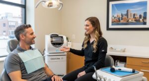 Patient discussing same day crowns with dentist in Boston office