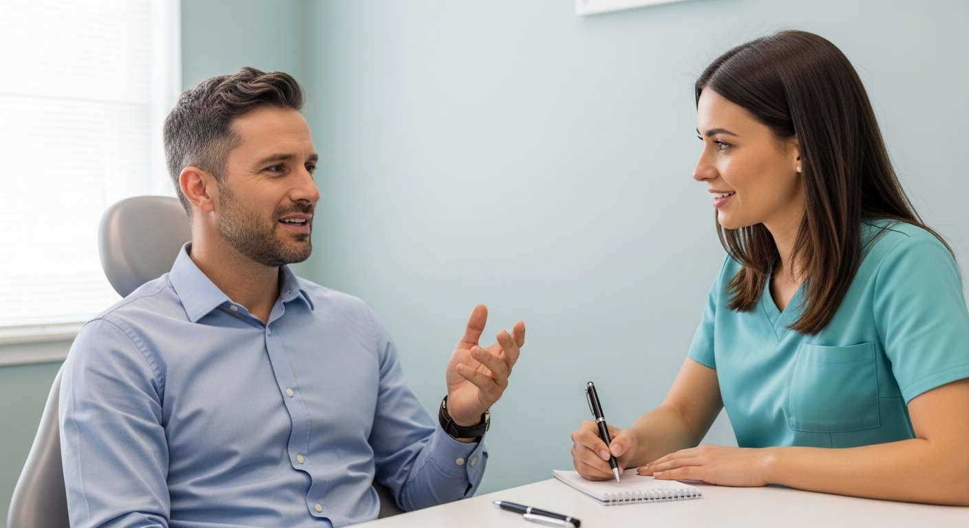 A patient discussing tooth pain relief with a dentist in a modern office