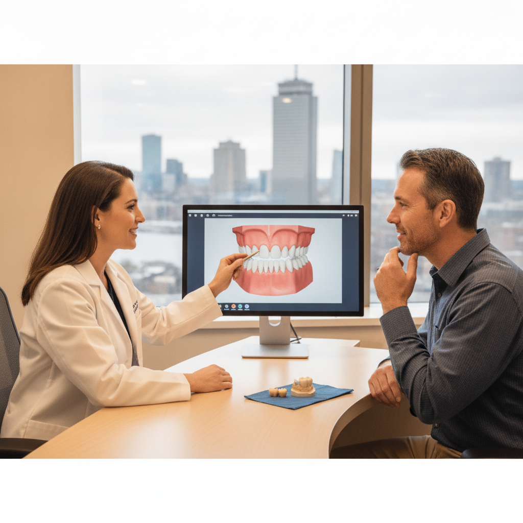 Prosthodontist discussing dental crowns with a patient in a Boston dental office.