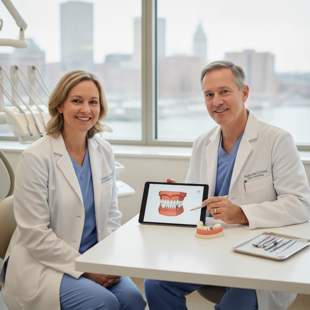 Patient consulting with prosthodontist in modern dental clinic