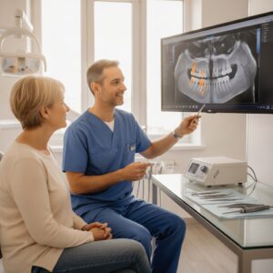Prosthodontist discussing peri-implantitis treatment in a Boston dental clinic